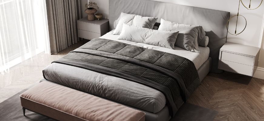 Hybrydowe materace typu Plus łączą sprężyny kieszeniowe z zaawansowanymi warstwami pianek, zapewniając punktowe podparcie, stabilność dla dwóch osób oraz wysoki komfort snu w sypialni master bedroom